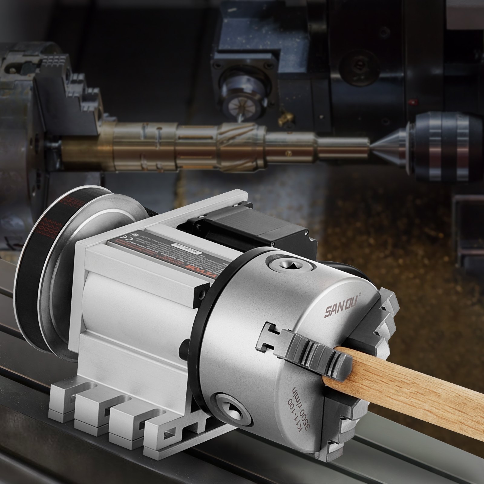 Uchwyt tokarski VEVOR K11-100 mm Uchwyt trójszczękowy 4. oś osi obrotowej CNC, przełożenie 6:1 i dwufazowy silnik krokowy Nema23 Uchwyt trójszczękowy do frezowania CNC