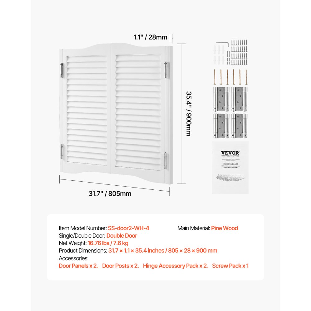 Drzwi do salonu VEVOR, 805 x 28 x 900 mm, dwuskrzydłowe z zawiasami i okuciami, łatwe w montażu, łukowe drzwi wahadłowe do kawiarni, korytarzy, kuchni, barów, pubów i wejść, białe