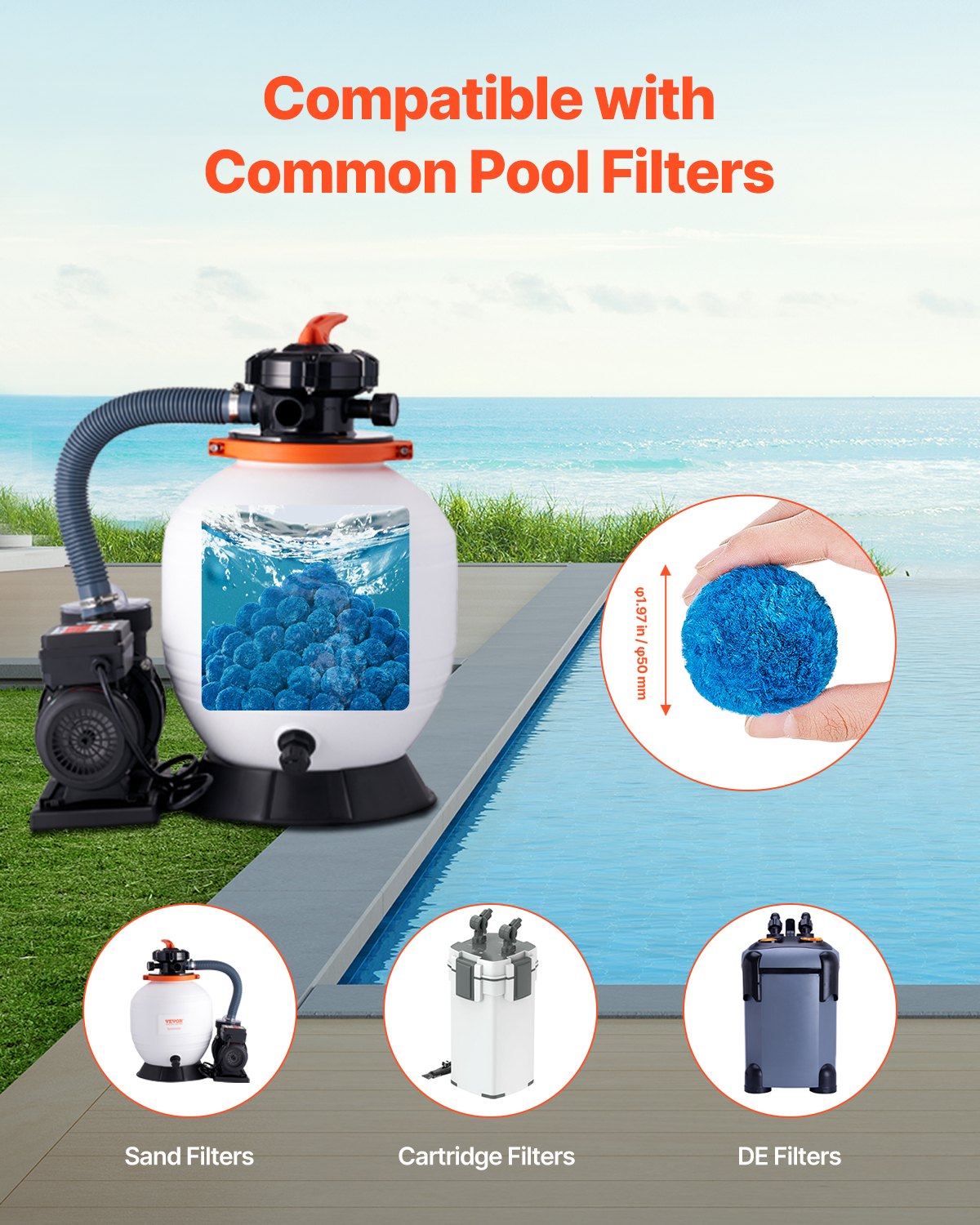 VEVOR Pool Filter Balls for Sand Filters, 0.71 kg, for replacing pool filter sand, blue filter medium made of polyester fiber with wash bag, for swimming pools, aquariums, above-ground pools