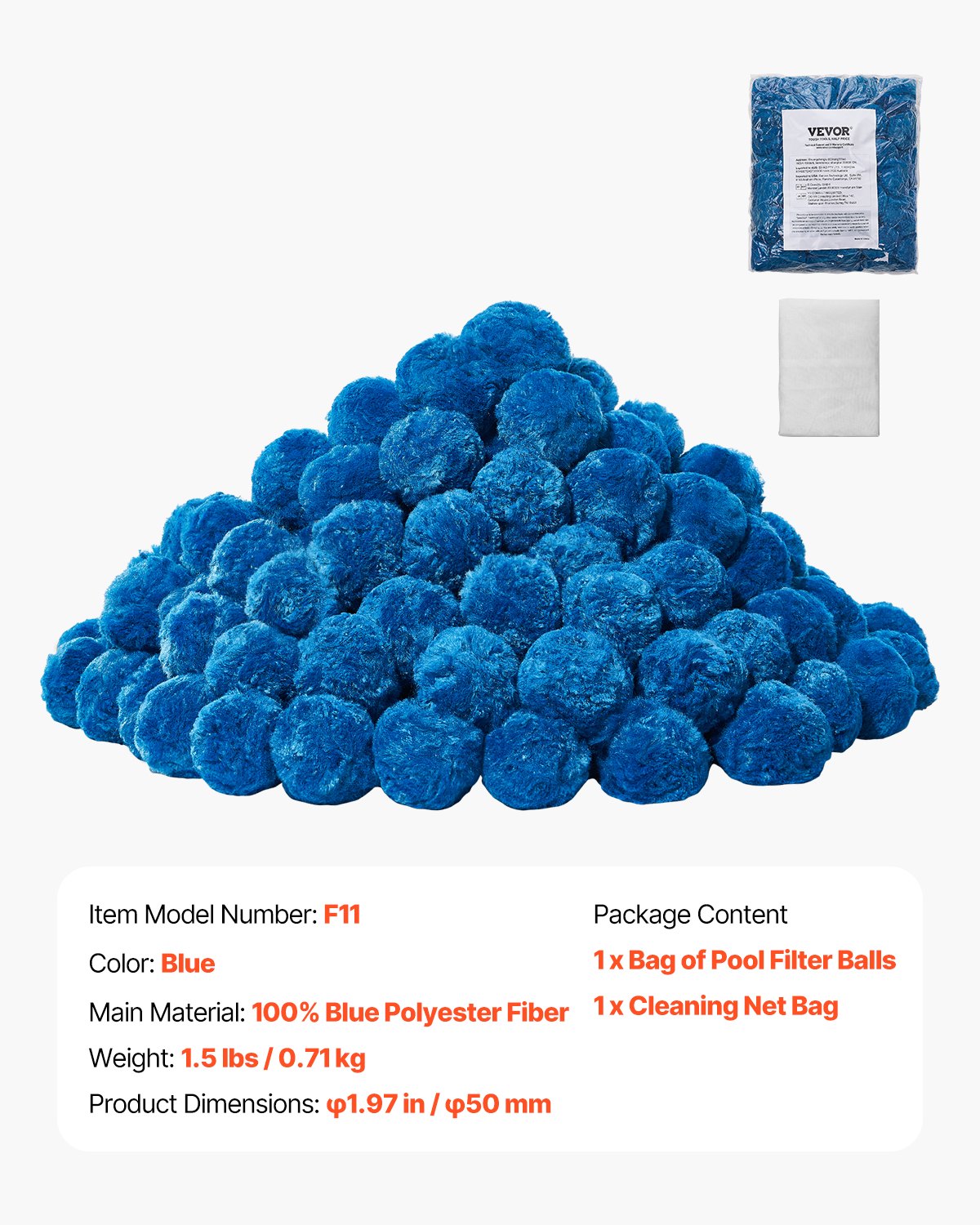 VEVOR Pool Filter Balls for Sand Filters, 0.71 kg, for replacing pool filter sand, blue filter medium made of polyester fiber with wash bag, for swimming pools, aquariums, above-ground pools