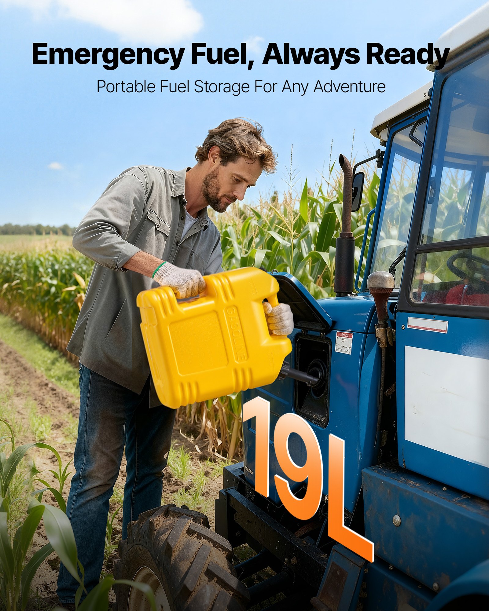 Kanister na paliwo VEVOR, 19 l, zbiornik na paliwo z dziobkiem i przezroczystą skalą, maks. przepływ 15 l/min, pojemnik na płyn do większości samochodów, motocykli, SUV-ów, quadów i pojazdów UTV, żółty, 1 szt.