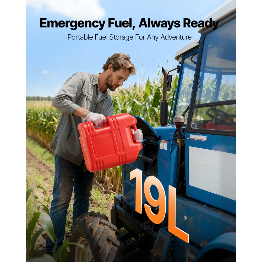 Kanister na paliwo VEVOR, 19 l, kanister na benzynę z dzióbkiem i przezroczystą skalą, maks. przepływ 15 l/min, pojemnik na płyn do większości samochodów, motocykli, quadów i pojazdów UTV, czerwony, 1 szt.