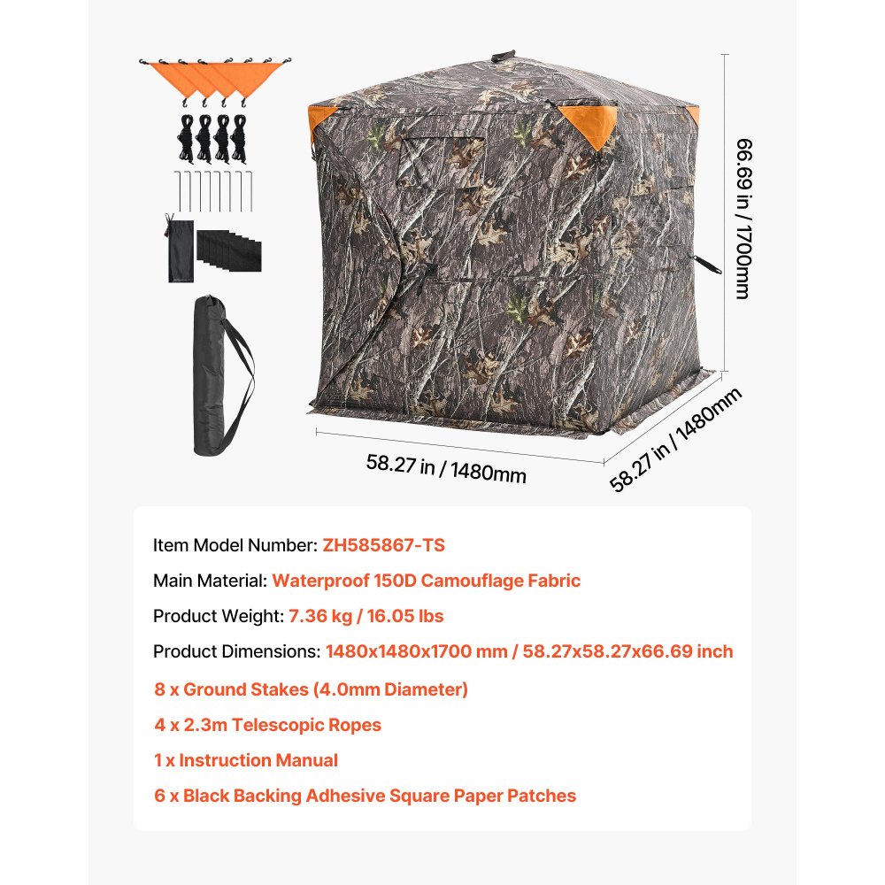 VEVOR Hunting Tent, 2-3 Person Portable Camouflage Tent, 270° Transparent Ground Blind, Suitable for Turkey and Deer Hunting, Hunting Shelter with Carry Bag, 148 x 148 x 170 cm