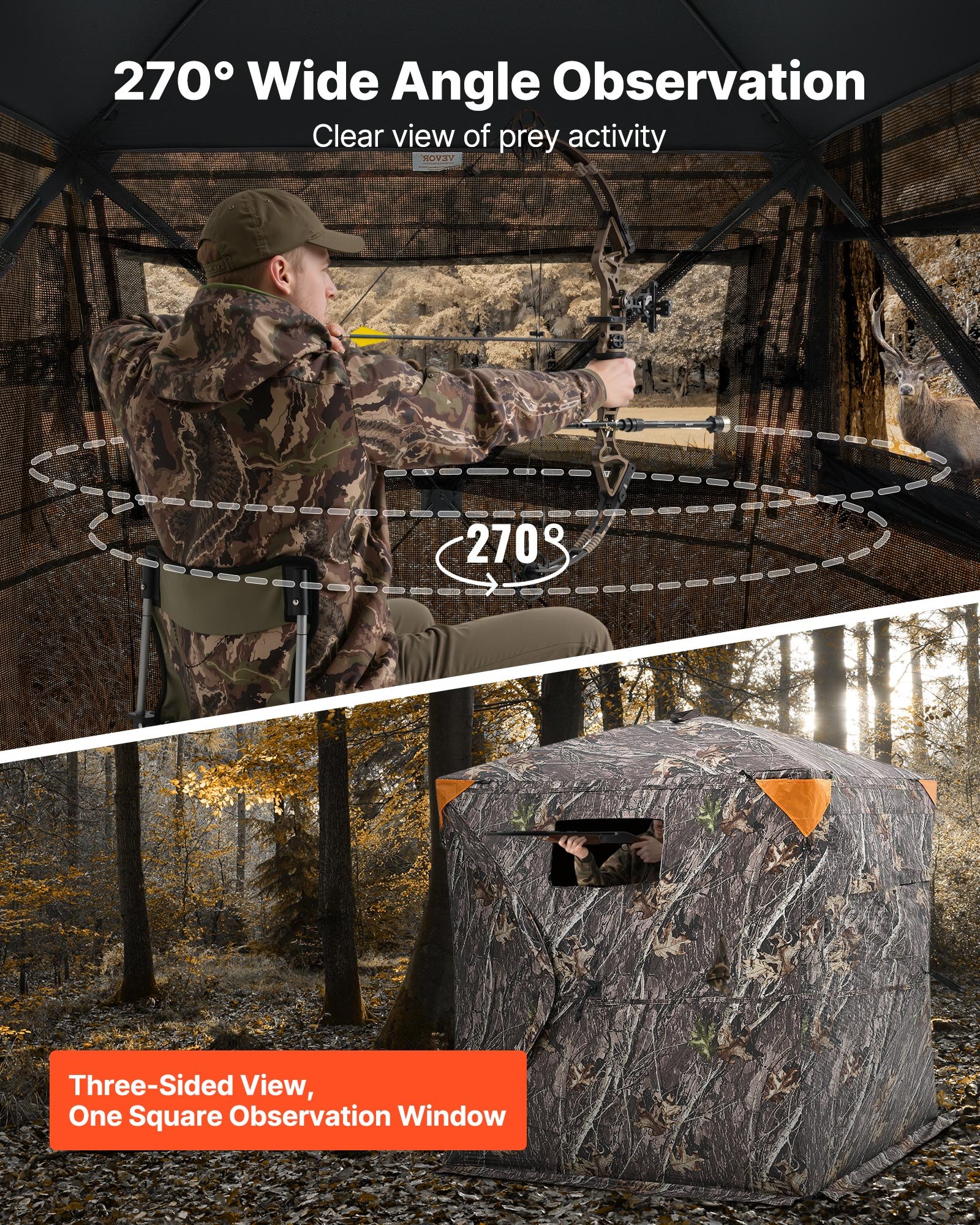 VEVOR Hunting Tent, 2-3 Person Portable Camouflage Tent, 270° Transparent Ground Blind, Suitable for Turkey and Deer Hunting, Hunting Shelter with Carry Bag, 148 x 148 x 170 cm