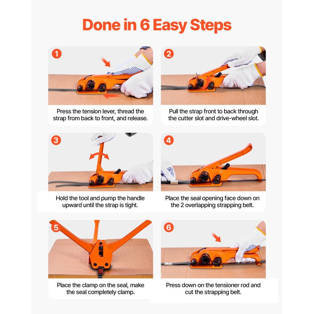 Zestaw do spinania VEVOR 6-częściowy z taśmą spinającą, ręczne narzędzie do spinania z taśmą PET 610 m, 600 klipsami metalowymi, 200 ochraniaczami krawędzi, doskonałe wyposażenie warsztatu do pakowania, transportu i przechowywania