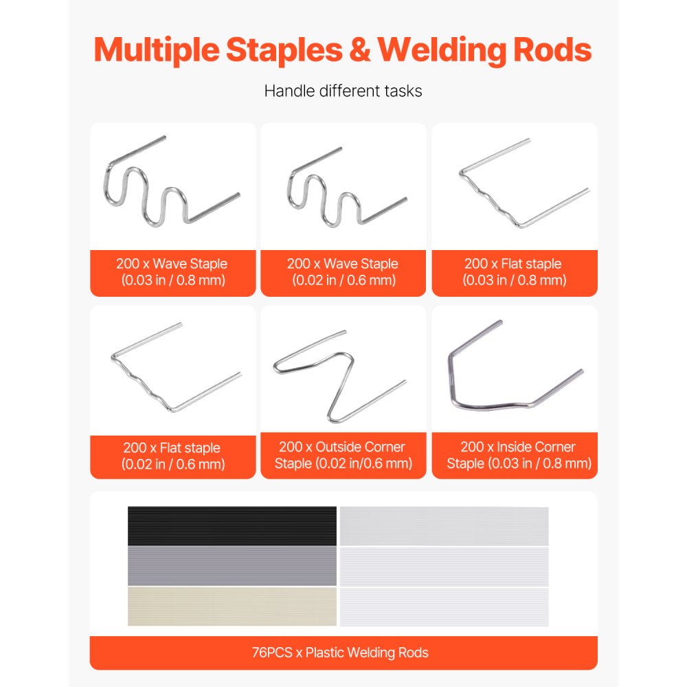 Spawarka do plastiku VEVOR, pistolet spawalniczy 220 W z 1200 zszywkami i 76 prętami spawalniczymi, zestaw naprawczy do plastiku z oświetleniem LED, futerał do kajaków, zabawek, naprawa zderzaków samochodowych