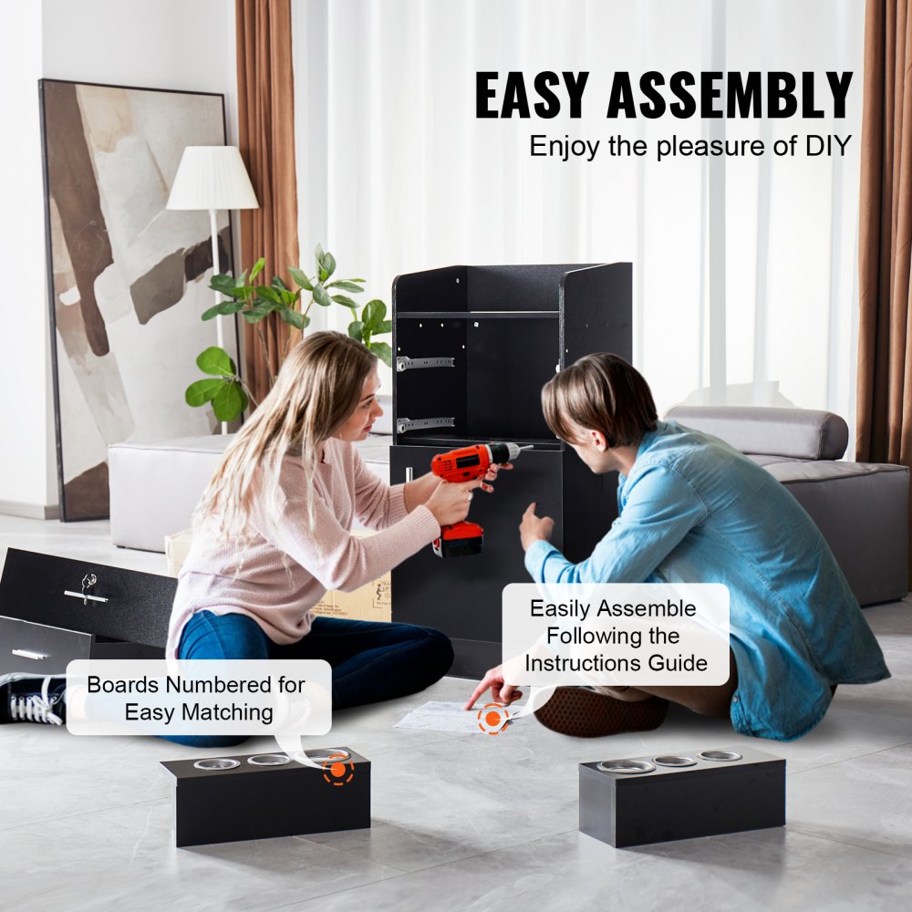 Szafka do przechowywania salonu VEVOR, stacja fryzjerska dla fryzjerów, zestaw stacji fryzjerskich, z 6 przegródkami, 1 szafką do przechowywania i 2 szufladami (jedna zamykana), czarna, 69 x 35 x 96,5 cm