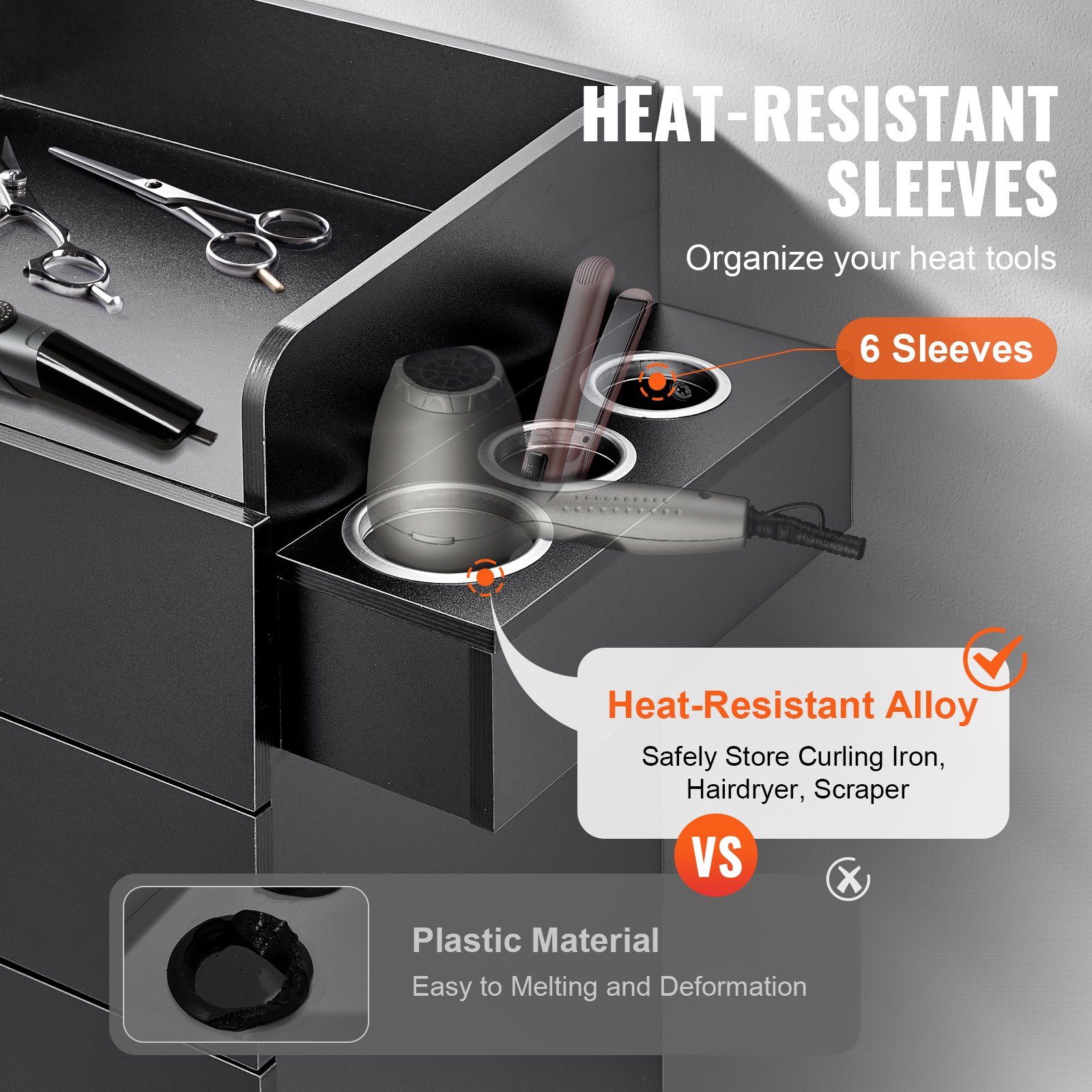 Szafka do przechowywania salonu VEVOR, stacja fryzjerska dla fryzjerów, zestaw stacji fryzjerskich, z 6 przegródkami, 1 szafką do przechowywania i 2 szufladami (jedna zamykana), czarna, 69 x 35 x 96,5 cm