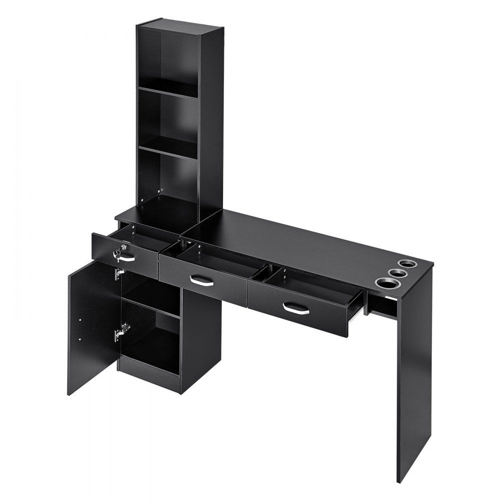 VEVOR Zestaw mebli do salonu, stanowisko fryzjerskie, montowany na ścianie, 1 szafka, 3 otwarte przegrody i 3 szuflady (jedna zamykana na klucz), czarny, 129 x 33 x 177 cm
