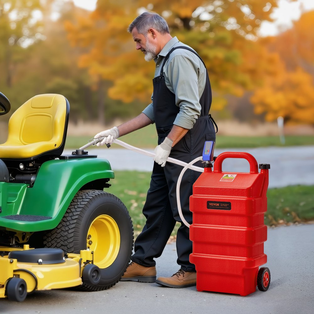 Wózek na paliwo VEVOR, 60 l, kanister na paliwo z pompą transferową 12 V DC, wąż doprowadzający 1,2 m i dysza z czujnikiem automatycznego zatrzymania, adapter do zbiornika, odpowiedni do oleju napędowego i benzyny, kolor czerwony