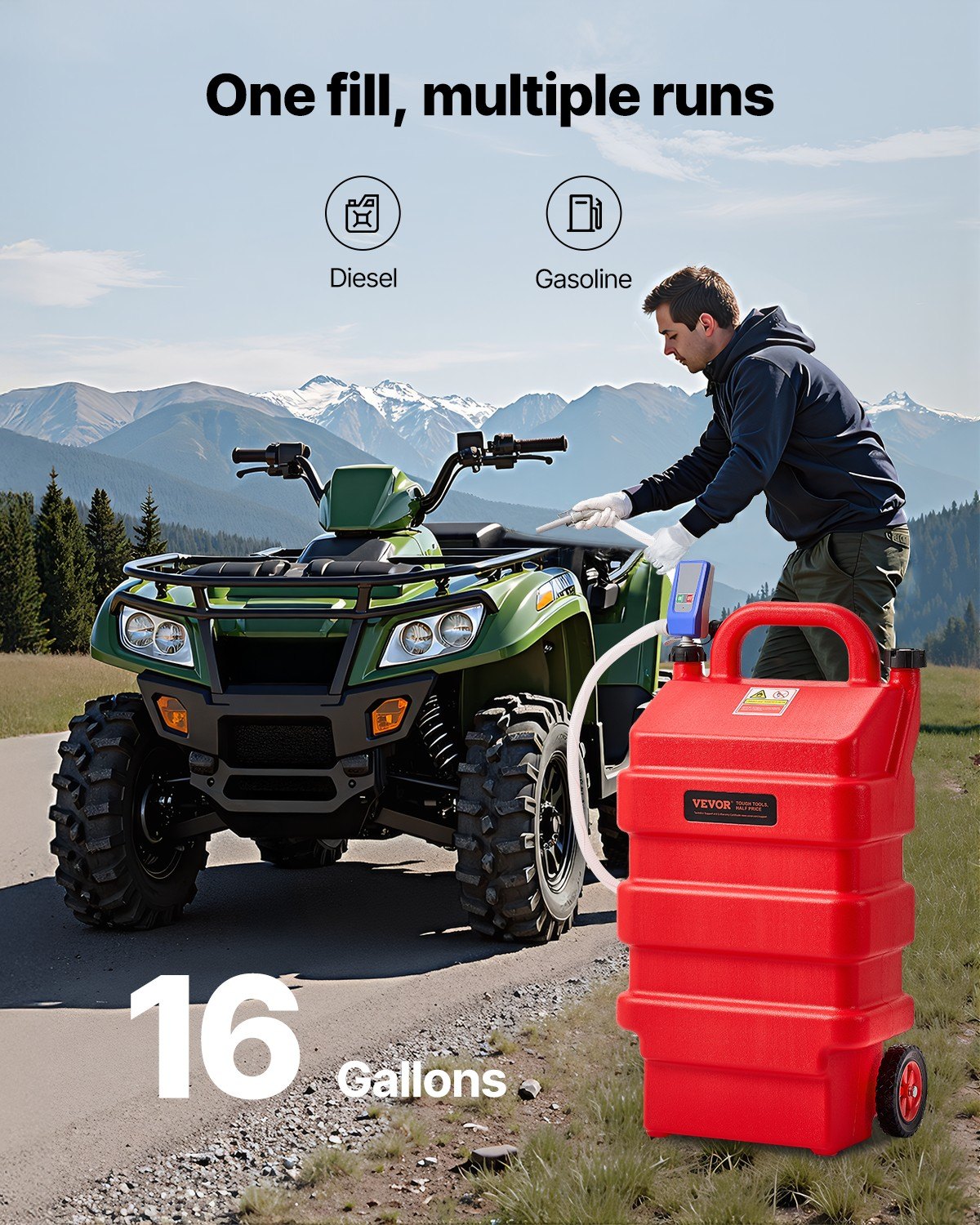 Wózek na paliwo VEVOR, 60 l, kanister na paliwo z pompą transferową 12 V DC, wąż doprowadzający 1,2 m i dysza z czujnikiem automatycznego zatrzymania, adapter do zbiornika, odpowiedni do oleju napędowego i benzyny, kolor czerwony