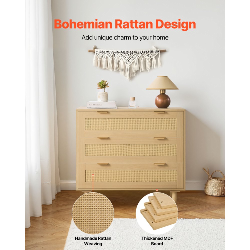 Komoda rattanowa VEVOR z 3 szufladami, metalowymi uchwytami i drewnianymi nogami, nowoczesna szafka rattanowa do sypialni, salonu, przedpokoju (80 x 35 x 77 cm) Garderoba, szafka z szufladami