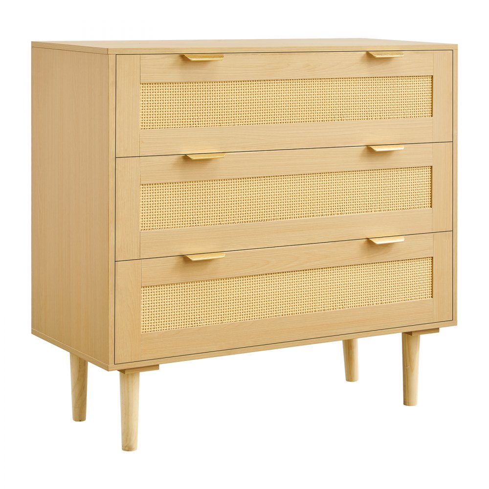 Komoda rattanowa VEVOR z 3 szufladami, metalowymi uchwytami i drewnianymi nogami, nowoczesna szafka rattanowa do sypialni, salonu, przedpokoju (80 x 35 x 77 cm) Garderoba, szafka z szufladami