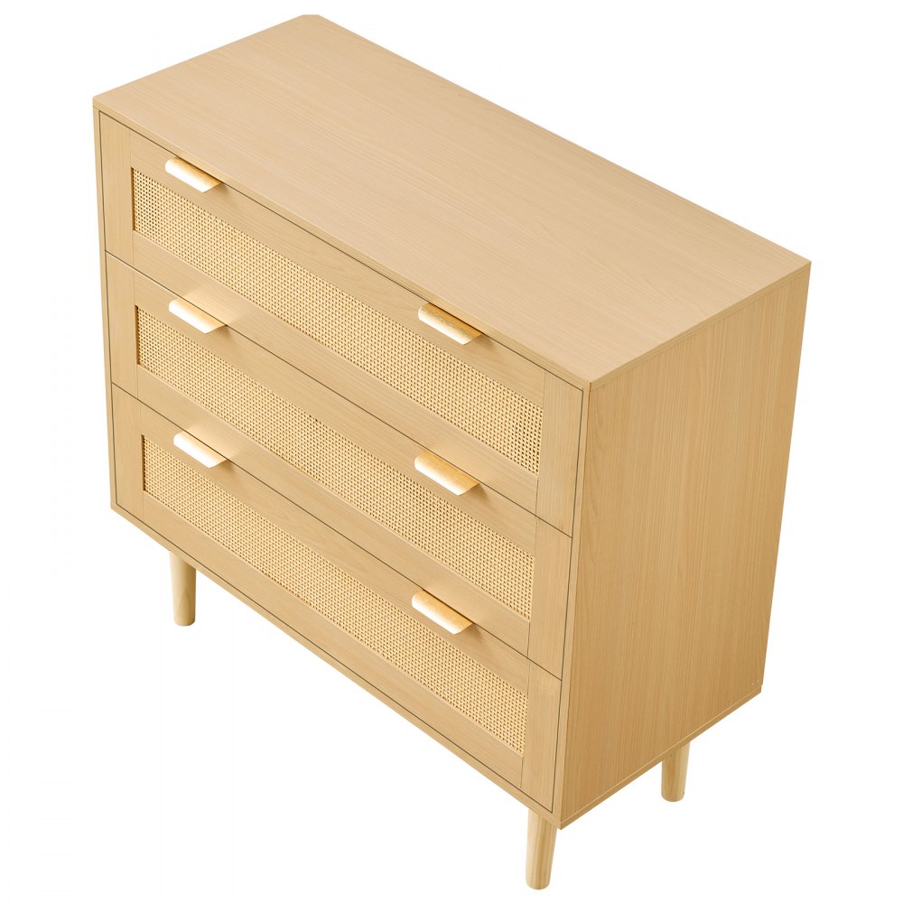 Komoda rattanowa VEVOR z 3 szufladami, metalowymi uchwytami i drewnianymi nogami, nowoczesna szafka rattanowa do sypialni, salonu, przedpokoju (80 x 35 x 77 cm) Garderoba, szafka z szufladami