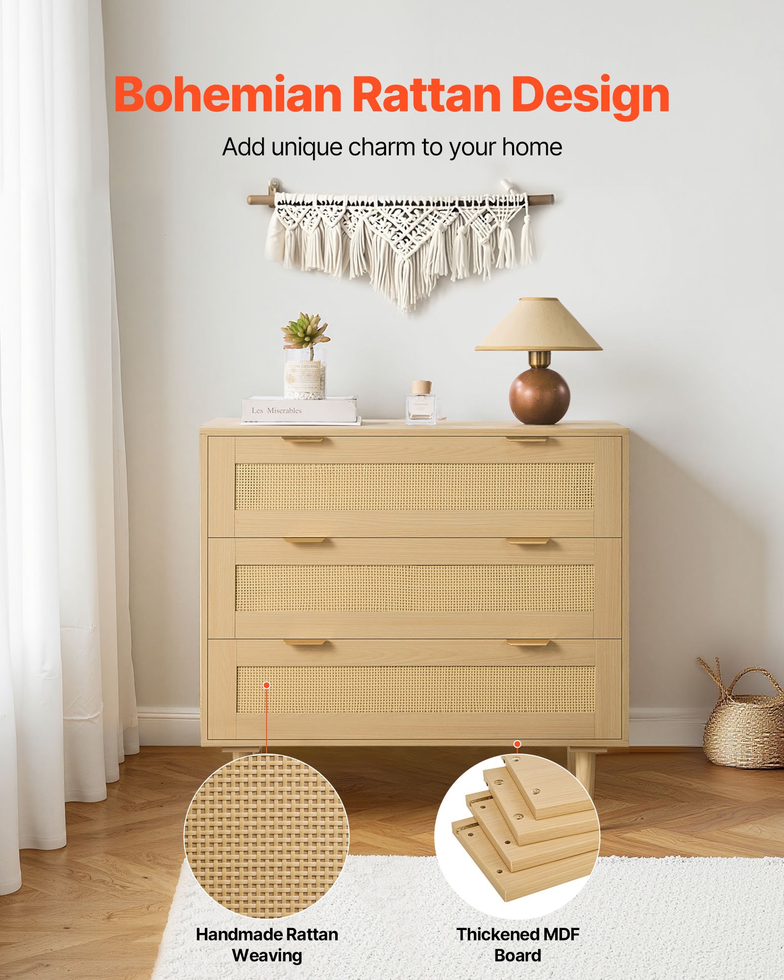 Komoda rattanowa VEVOR z 3 szufladami, metalowymi uchwytami i drewnianymi nogami, nowoczesna szafka rattanowa do sypialni, salonu, przedpokoju (80 x 35 x 77 cm) Garderoba, szafka z szufladami