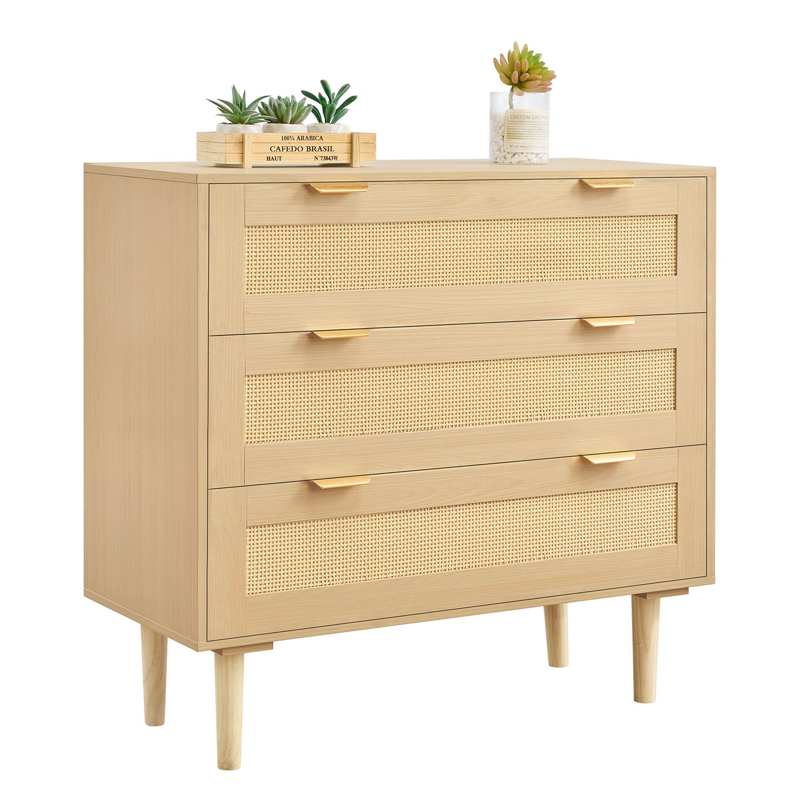 Komoda rattanowa VEVOR z 3 szufladami, metalowymi uchwytami i drewnianymi nogami, nowoczesna szafka rattanowa do sypialni, salonu, przedpokoju (80 x 35 x 77 cm) Garderoba, szafka z szufladami