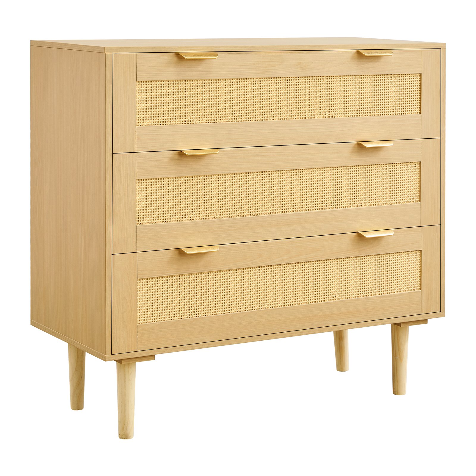 Komoda rattanowa VEVOR z 3 szufladami, metalowymi uchwytami i drewnianymi nogami, nowoczesna szafka rattanowa do sypialni, salonu, przedpokoju (80 x 35 x 77 cm) Garderoba, szafka z szufladami