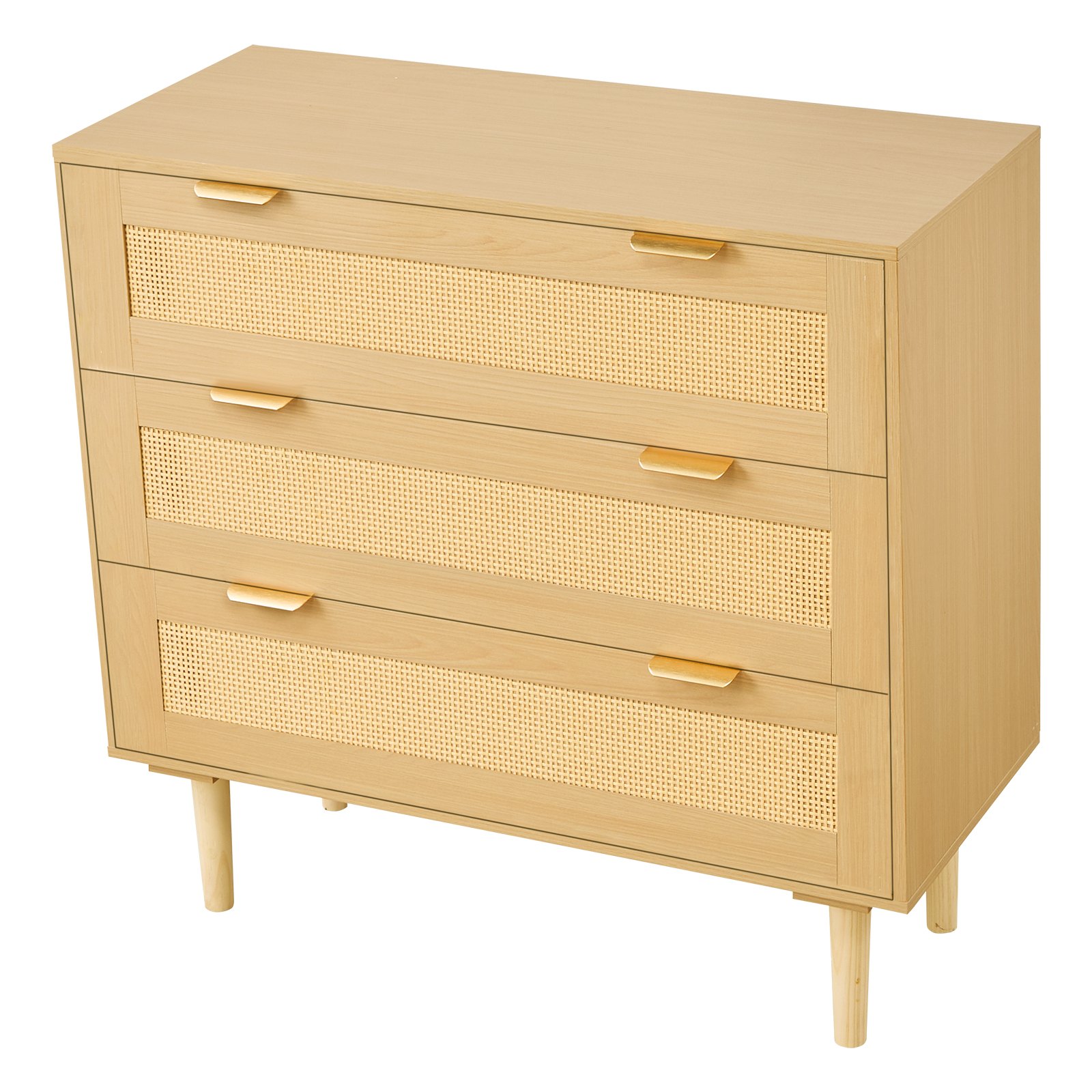 Komoda rattanowa VEVOR z 3 szufladami, metalowymi uchwytami i drewnianymi nogami, nowoczesna szafka rattanowa do sypialni, salonu, przedpokoju (80 x 35 x 77 cm) Garderoba, szafka z szufladami