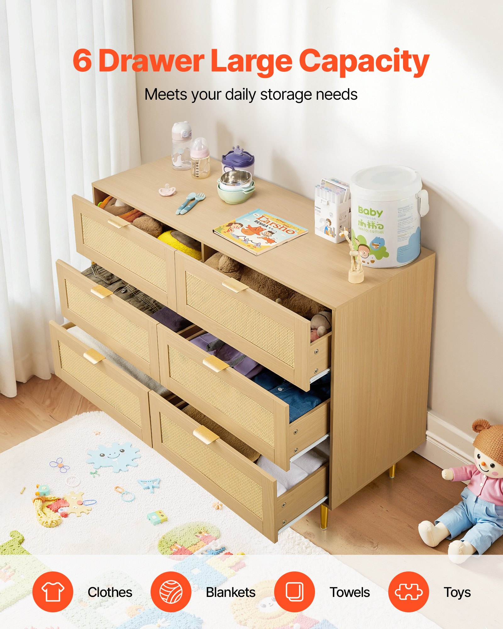 VEVOR 6 Drawer Rattan Dresser, Double Dresser for Bedroom, Natural Rattan Chest of Drawers with Metal Handles & Legs, Modern Wood Chest Clothing Organizer & Storage for Bedroom, Living Room, Hallway