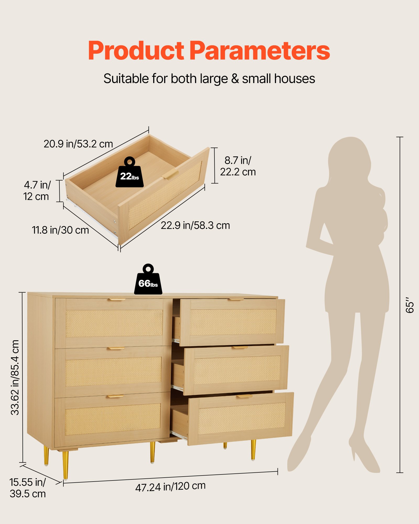 VEVOR 6 Drawer Rattan Dresser, Double Dresser for Bedroom, Natural Rattan Chest of Drawers with Metal Handles & Legs, Modern Wood Chest Clothing Organizer & Storage for Bedroom, Living Room, Hallway