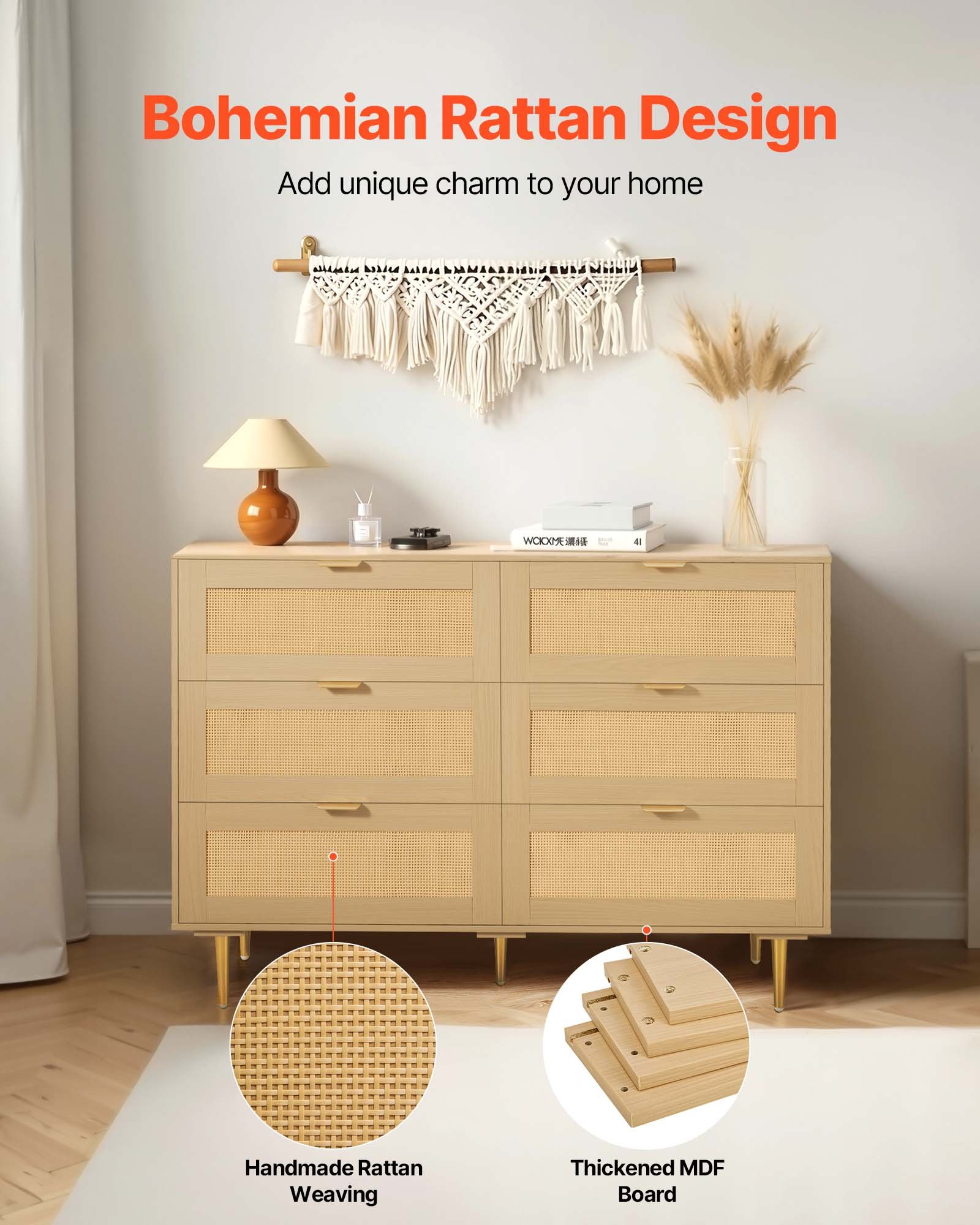 VEVOR 6 Drawer Rattan Dresser, Double Dresser for Bedroom, Natural Rattan Chest of Drawers with Metal Handles & Legs, Modern Wood Chest Clothing Organizer & Storage for Bedroom, Living Room, Hallway