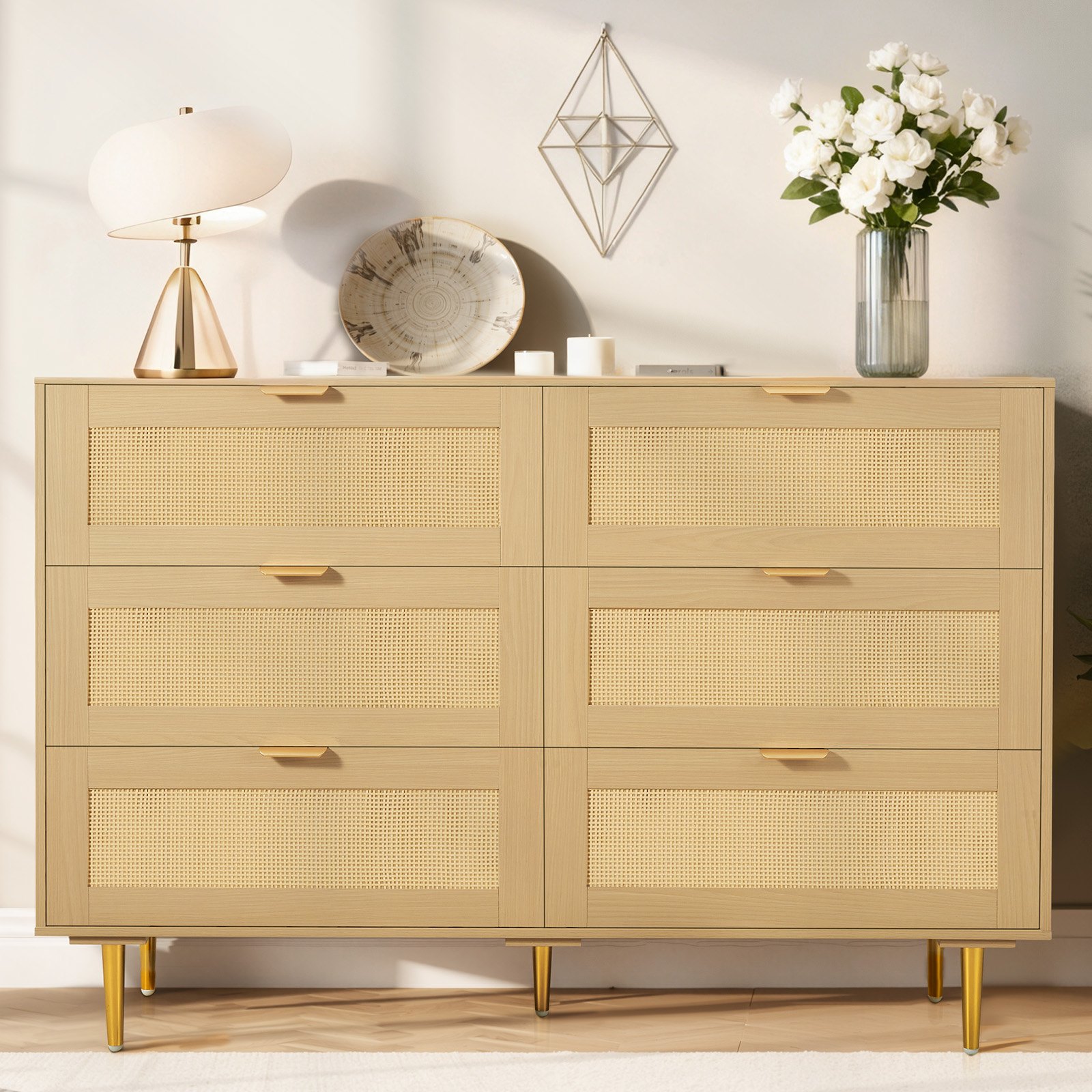 VEVOR 6 Drawer Rattan Dresser, Double Dresser for Bedroom, Natural Rattan Chest of Drawers with Metal Handles & Legs, Modern Wood Chest Clothing Organizer & Storage for Bedroom, Living Room, Hallway