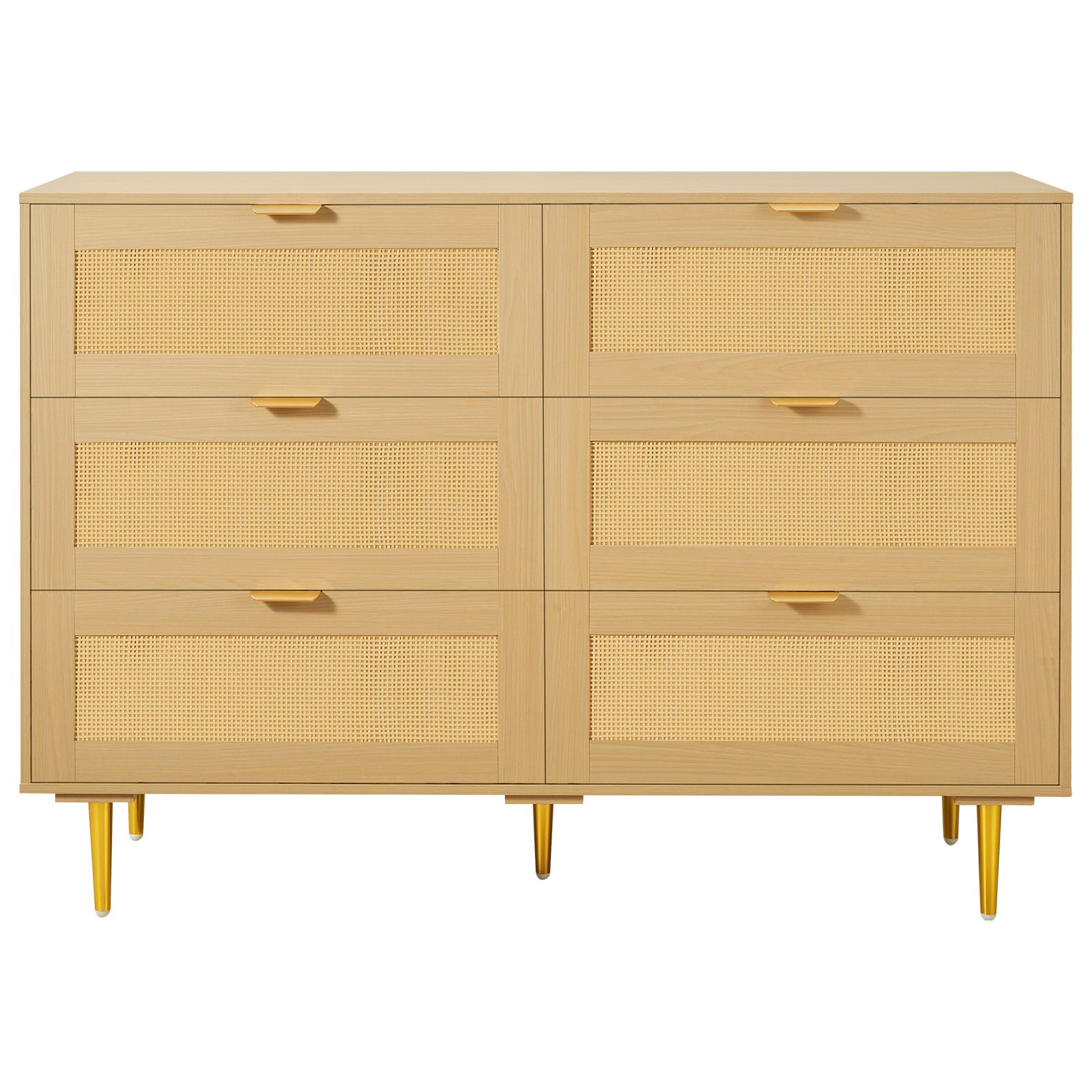 VEVOR 6 Drawer Rattan Dresser, Double Dresser for Bedroom, Natural Rattan Chest of Drawers with Metal Handles & Legs, Modern Wood Chest Clothing Organizer & Storage for Bedroom, Living Room, Hallway