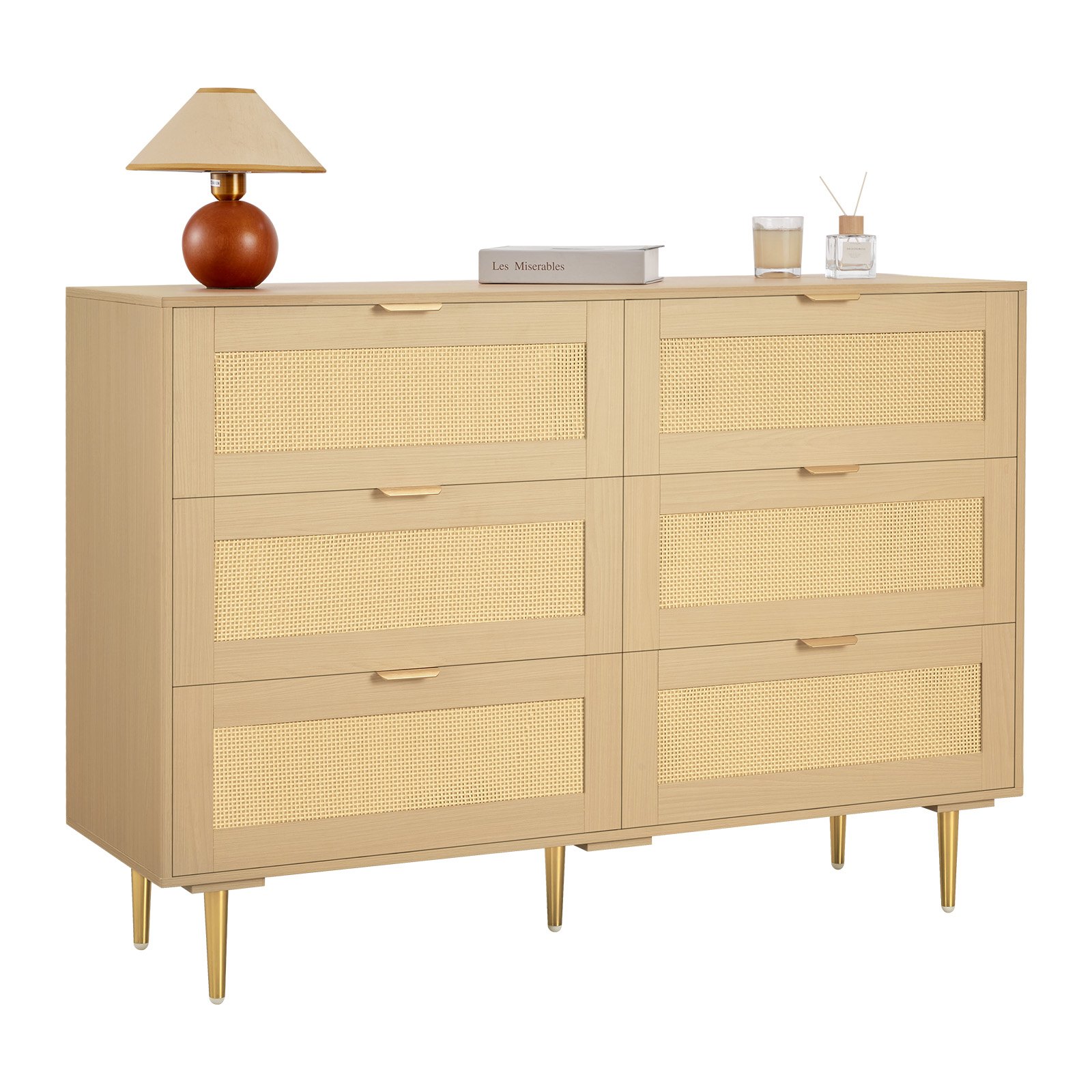 VEVOR 6 Drawer Rattan Dresser, Double Dresser for Bedroom, Natural Rattan Chest of Drawers with Metal Handles & Legs, Modern Wood Chest Clothing Organizer & Storage for Bedroom, Living Room, Hallway
