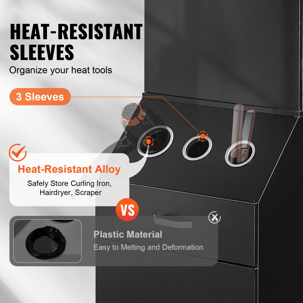 Szafka do przechowywania kosmetyków VEVOR, stanowisko fryzjerskie, zestaw do salonu fryzjerskiego, z 3 uchwytami na suszarkę do włosów, szafkami i szufladą, kolor czarny, 44 x 40 x 180 cm