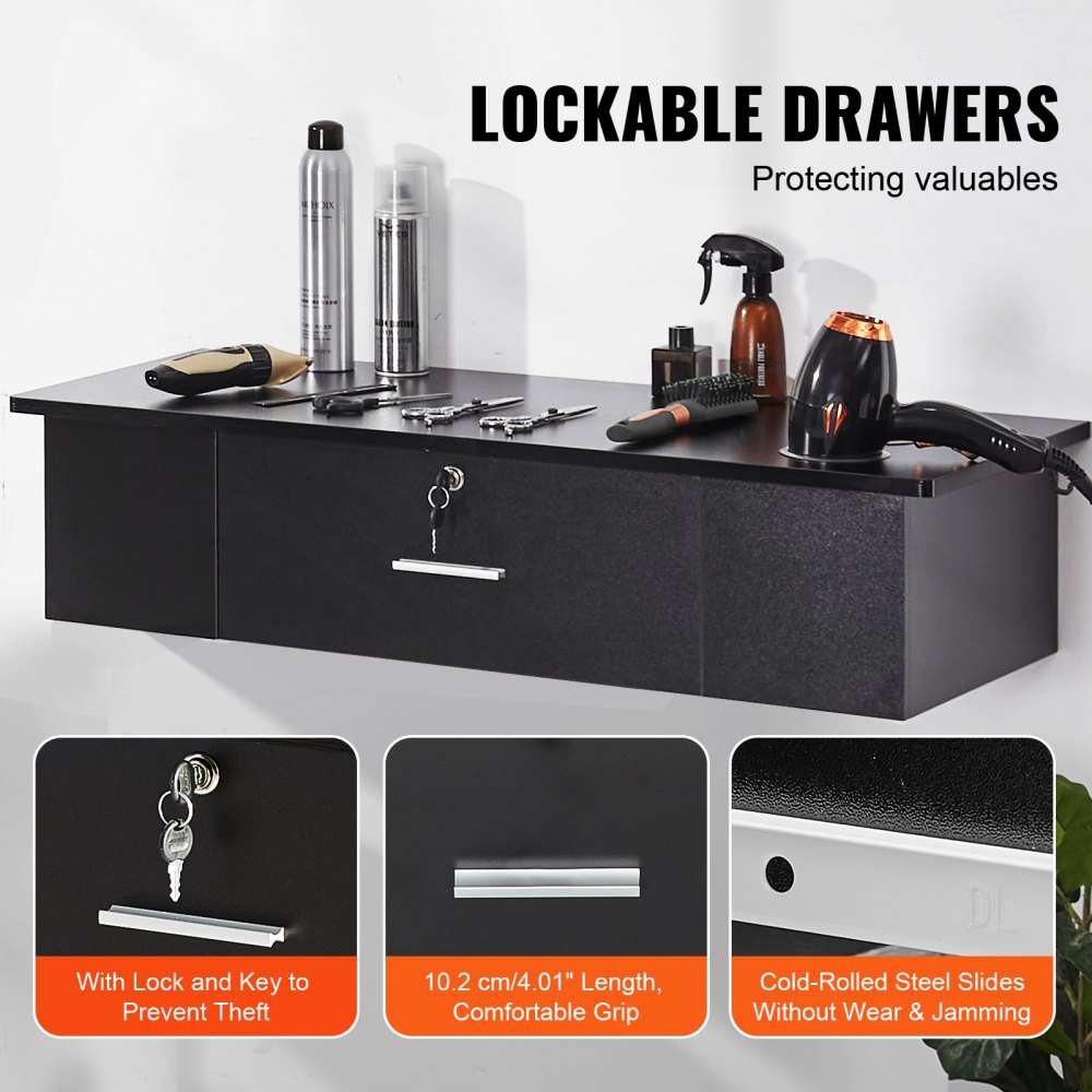 VEVOR naścienna stacja do stylizacji Stół fryzjerski z 3 uchwytami na suszarkę do włosów Zamykana szuflada Wyposażenie salonu kosmetycznego do SPA Fryzjer Strona główna Łazienka Czarny