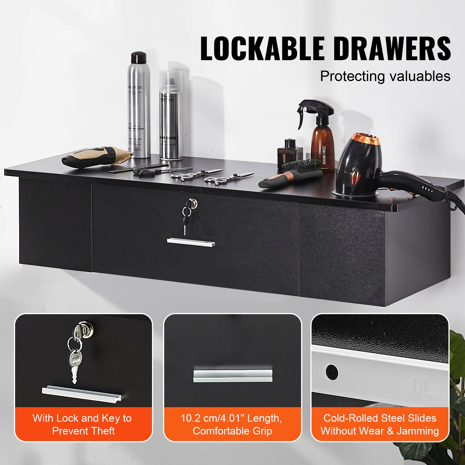 VEVOR naścienna stacja do stylizacji Stół fryzjerski z 3 uchwytami na suszarkę do włosów Zamykana szuflada Wyposażenie salonu kosmetycznego do SPA Fryzjer Strona główna Łazienka Czarny