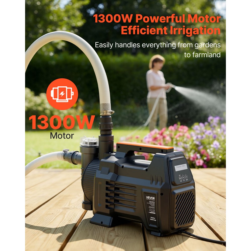 Pompa ogrodowa VEVOR 1300 W, pompa nawadniająca o maks. przepływie 4800 l/h, pompa strumieniowa PP, pompa ssąca o wysokości podnoszenia 48 m, inteligentne sterowanie elektroniczne, do nawadniania ogrodu i zraszaczy trawnikowych