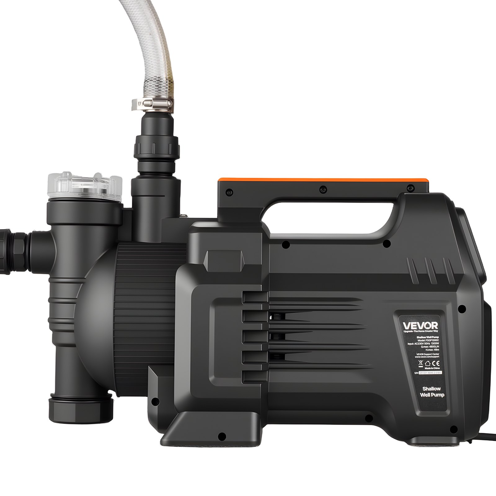 Pompa ogrodowa VEVOR 1300 W, pompa nawadniająca o maks. przepływie 4800 l/h, pompa strumieniowa PP, pompa ssąca o wysokości podnoszenia 48 m, inteligentne sterowanie elektroniczne, do nawadniania ogrodu i zraszaczy trawnikowych