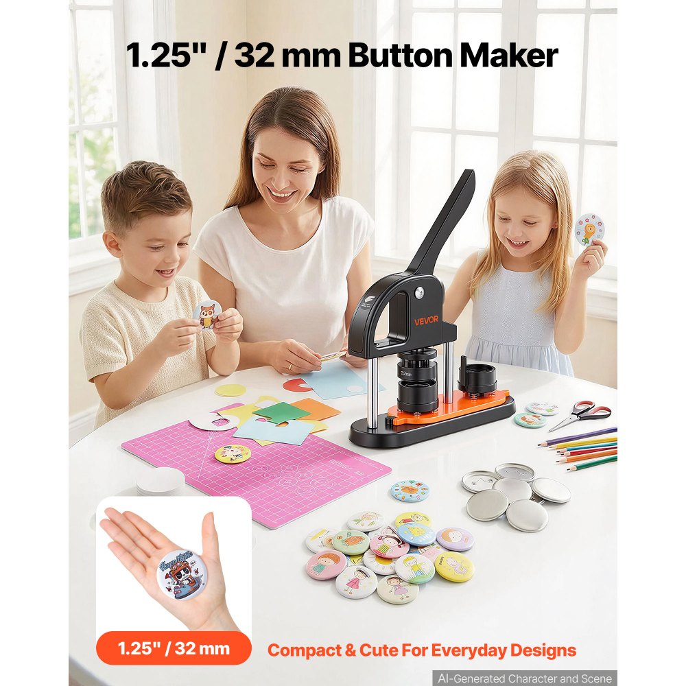 Maszyna do produkcji guzików VEVOR, 32 mm, 500 szt., prasa do guzików, prasa do guzików DIY, maszyna do produkcji guzików do personalizowanych odznak, w tym księga zaklęć i wycinarka kółek