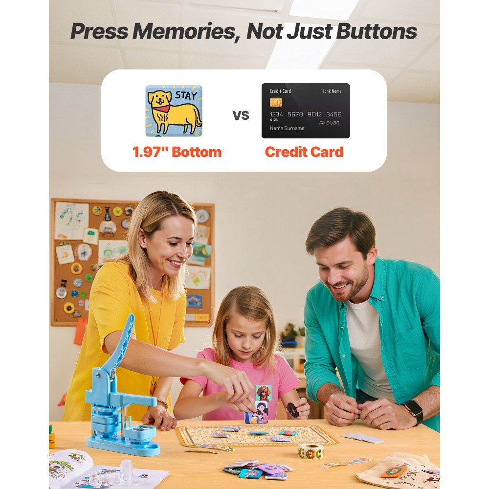 Prasa do dziurkowania identyfikatorów VEVOR 50 x 50 mm kwadratowa, maszyna do robienia pinów z blaszanymi przednimi osłonami, magnetycznymi tylnymi ściankami i ergonomicznym uchwytem, ​​maszyna do samodzielnego robienia identyfikatorów, niebieska