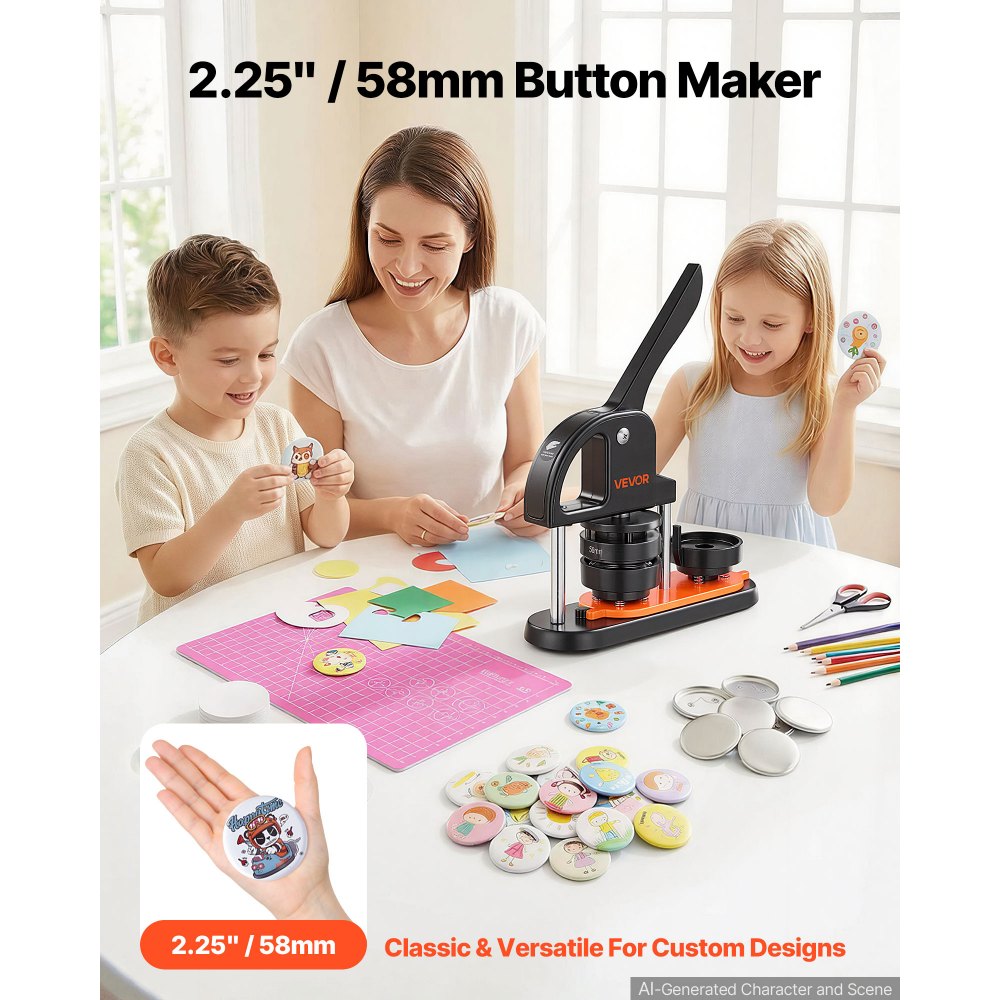 Maszyna do produkcji guzików VEVOR, 58 mm, 100 szt., prasa do guzików, prasa do guzików DIY, maszyna do produkcji guzików do personalizowanych odznak, w tym do księgi zaklęć i wycinarki kółek