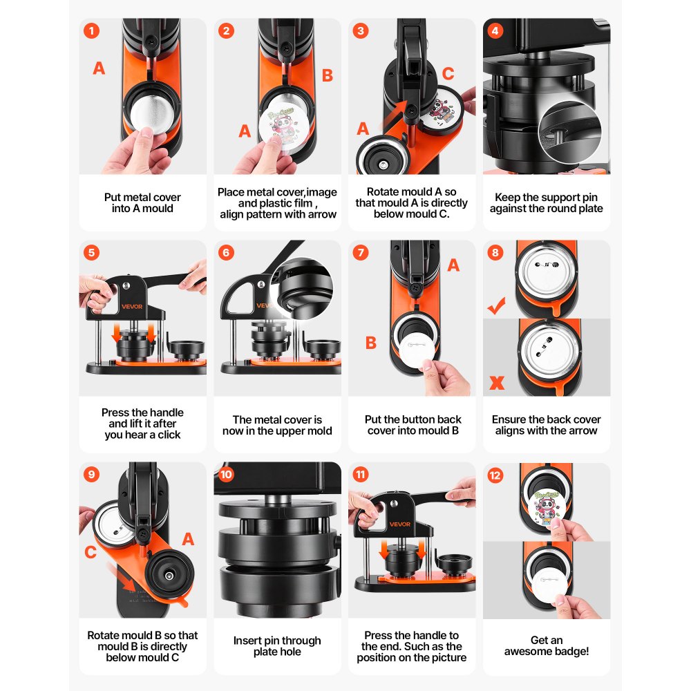 Maszyna do produkcji guzików VEVOR, 58 mm, 100 szt., prasa do guzików, prasa do guzików DIY, maszyna do produkcji guzików do personalizowanych odznak, w tym do księgi zaklęć i wycinarki kółek