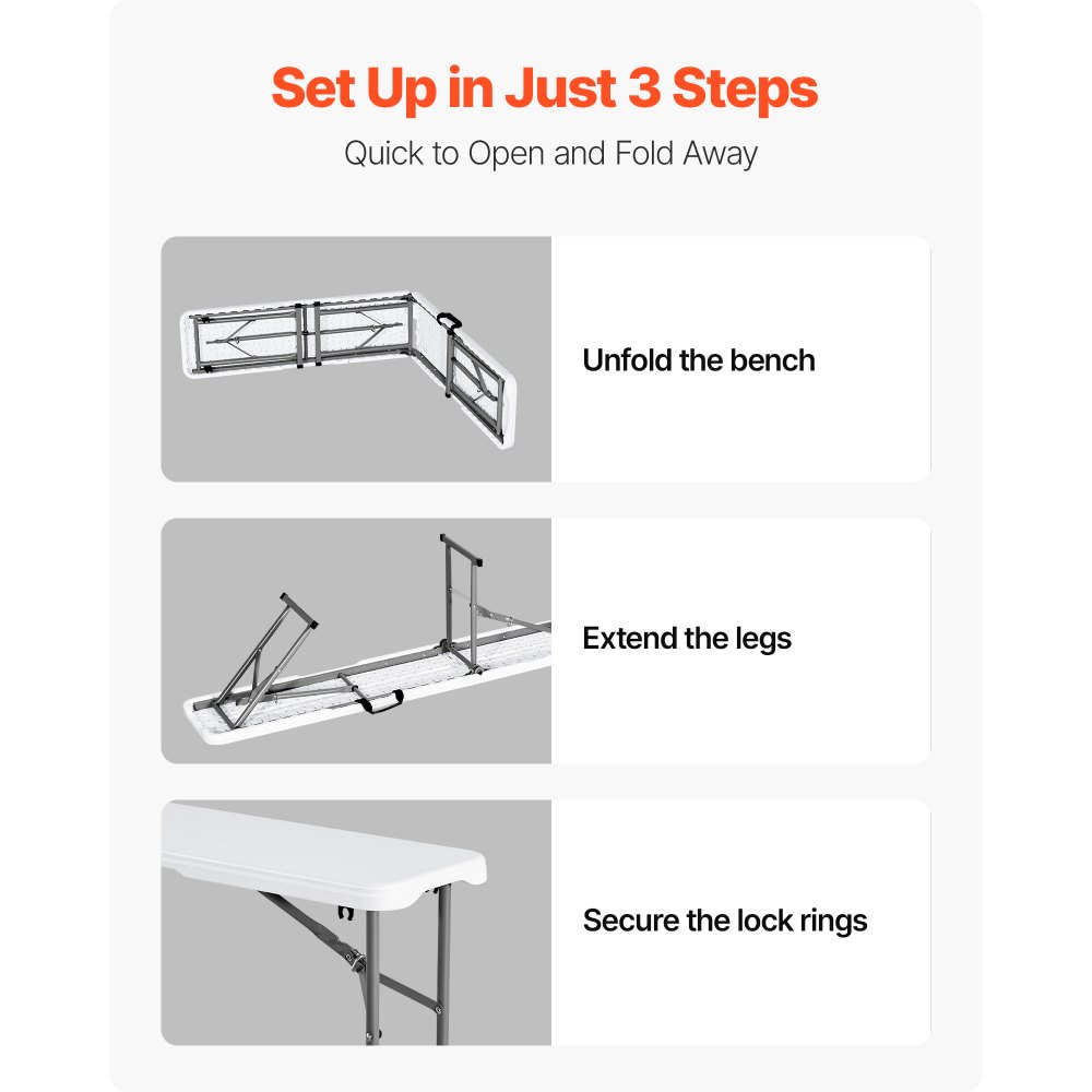 VEVOR Plastikowa składana ławka, 1,83 m, przenośna, gładka, wodoodporna ławka ogrodowa z HDPE, piknikowe siedzisko kempingowe z uchwytem do przenoszenia, do zabaw takich jak piłka nożna na podwórku, biała (opakowanie 2 szt.)
