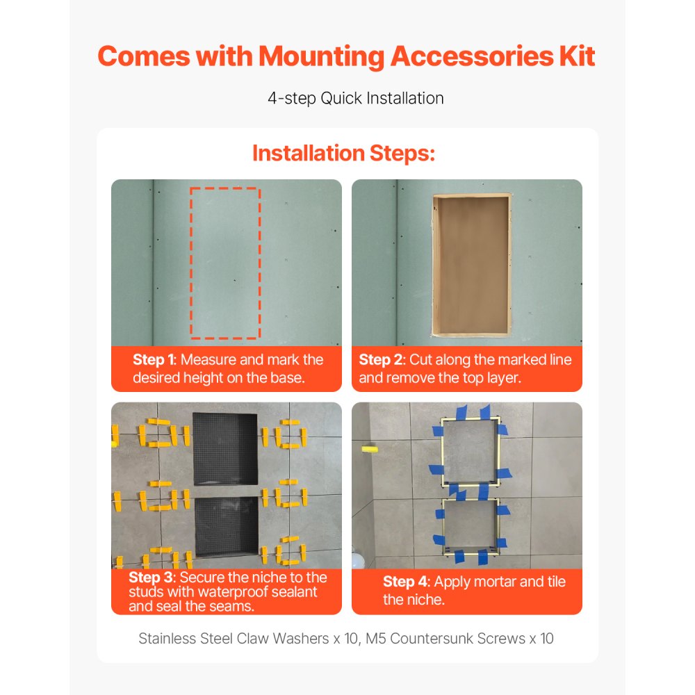 Wnęka prysznicowa VEVOR, 10,16 x 40,64 x 50,8 cm, wnęka ścienna z ruchomą półką dzielącą, organizer do przechowywania mydła i szamponu, narożniki proste, kolor czarny, do łazienki z prysznicem