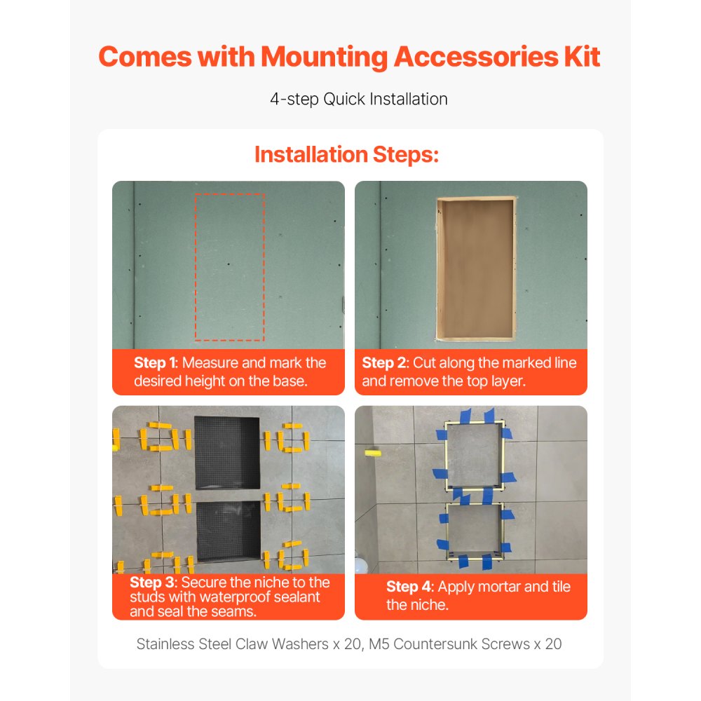 VEVOR Nisza prysznicowa, 16" x 32" + Nisza ścienna 16" x 32" z ruchomą półką, 4" grubości, nowoczesny organizer do przechowywania mydła i szamponu, czarny do łazienki z prysznicem