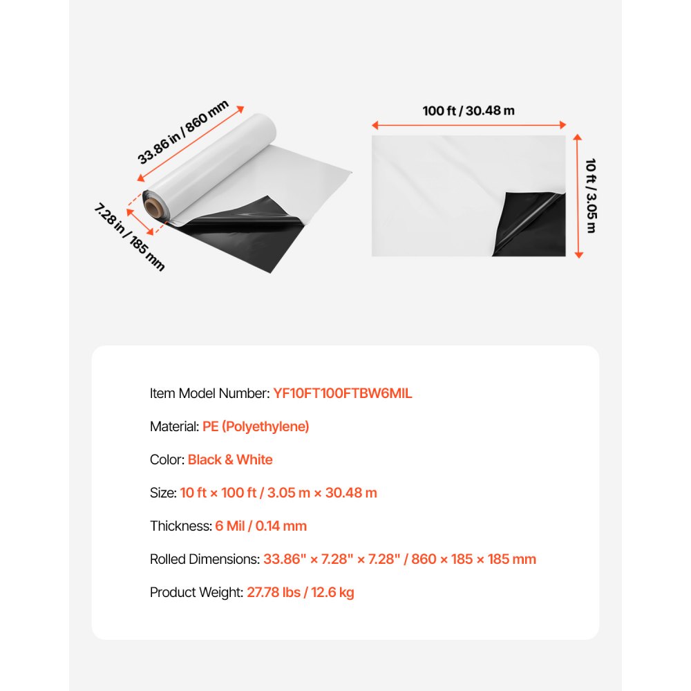 VEVOR PE construction film 3.05 x 30.48 m, plastic film, 0.15 mm thick cover film, plastic tarpaulin, screed film, cover for crawl space vapor barrier, black and white, double-sided, multi-purpose