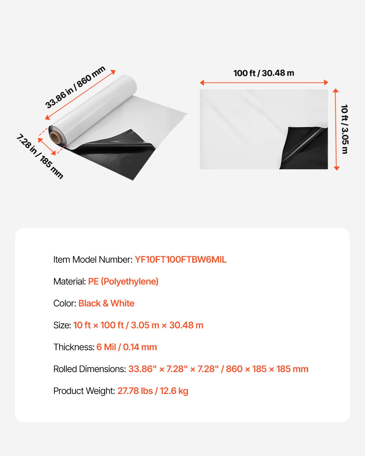 VEVOR PE construction film 3.05 x 30.48 m, plastic film, 0.15 mm thick cover film, plastic tarpaulin, screed film, cover for crawl space vapor barrier, black and white, double-sided, multi-purpose