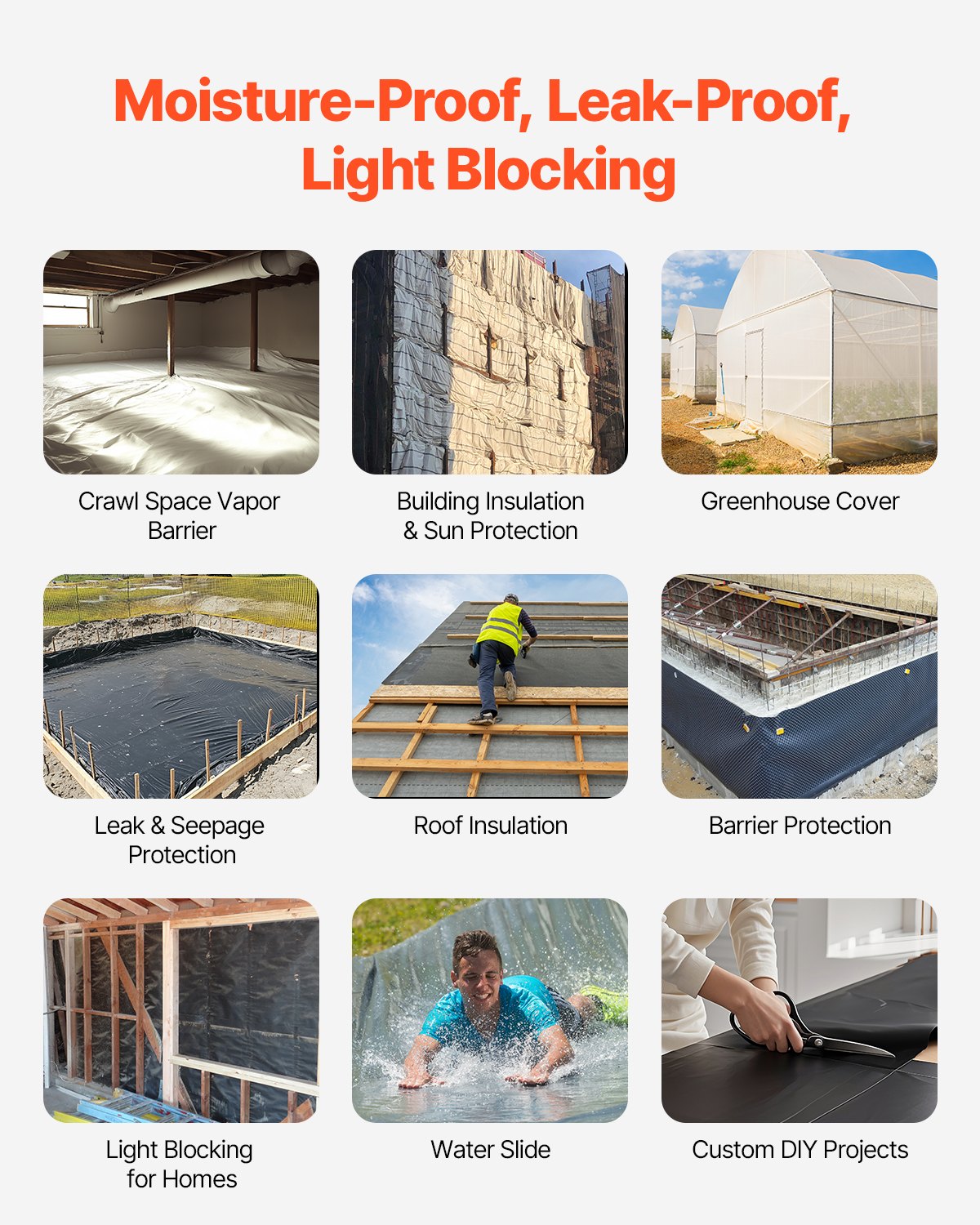 VEVOR PE construction film 3.05 x 30.48 m, 0.35 mm thick plastic film, protective film, screed film, plastic tarpaulin, painter's tarpaulin for crawl space vapor barrier, black and white, double-sided, multi-purpose