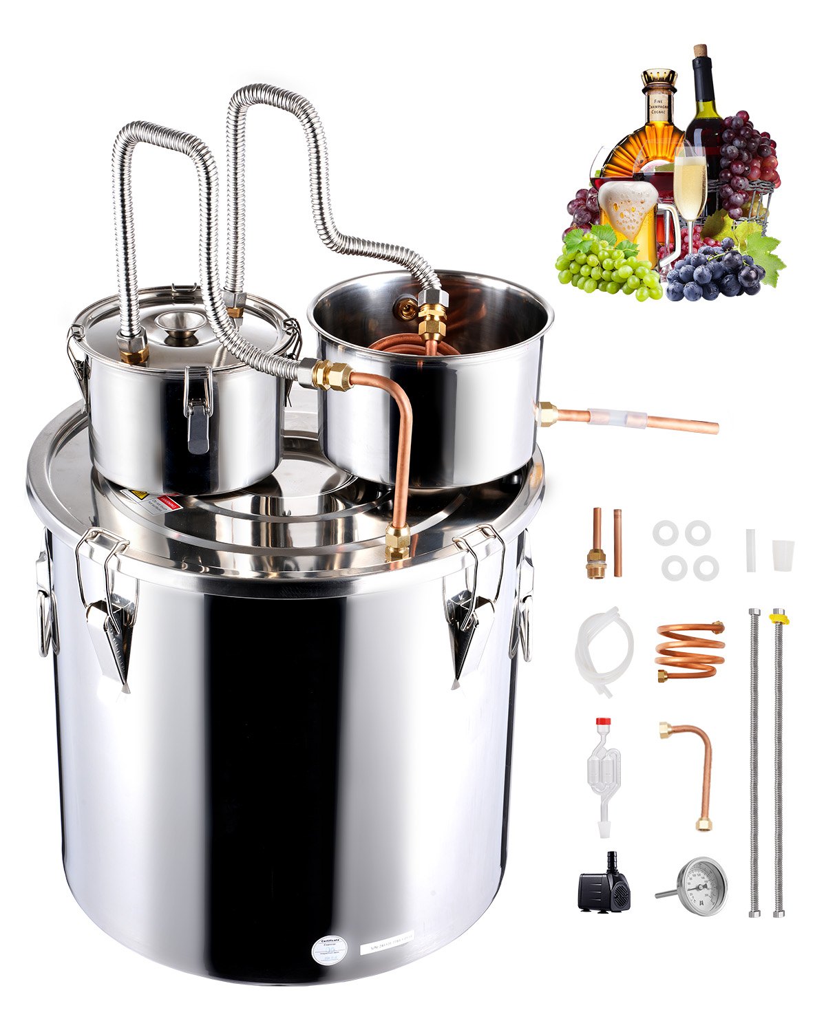 Destylator alkoholu VEVOR 50 l Destylator alkoholu wodnego ze stali nierdzewnej z miedzianą wężownicą do szybkiego chłodzenia, zestaw do destylacji z podwójnym skraplaczem i destylacją wtórną, do wina i whisky