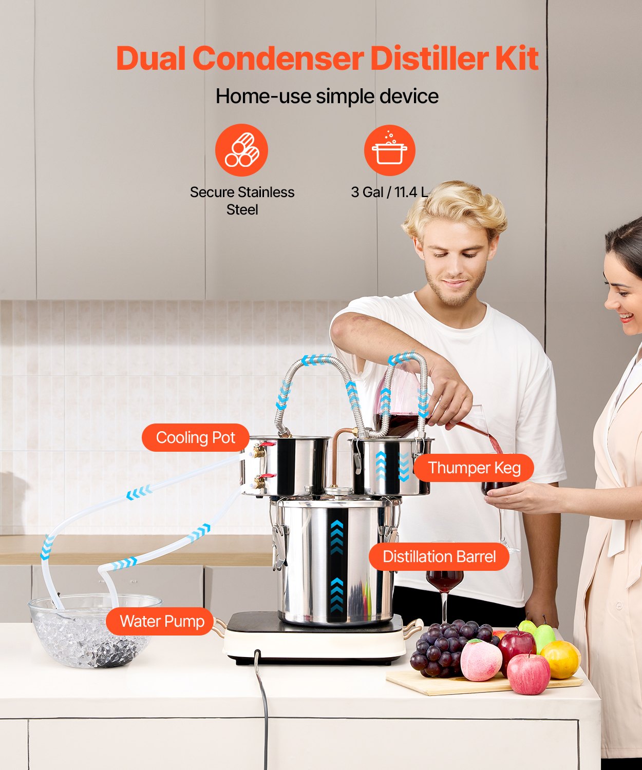 Destylator alkoholu VEVOR 11,4 l, destylator alkoholu wodnego ze stali nierdzewnej z miedzianą wężownicą do szybkiego chłodzenia, zestaw do destylacji z podwójnym skraplaczem i destylacją wtórną, do wina i whisky