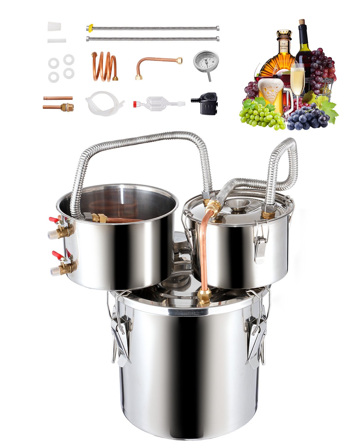 Destylator alkoholu VEVOR 11,4 l, destylator alkoholu wodnego ze stali nierdzewnej z miedzianą wężownicą do szybkiego chłodzenia, zestaw do destylacji z podwójnym skraplaczem i destylacją wtórną, do wina i whisky