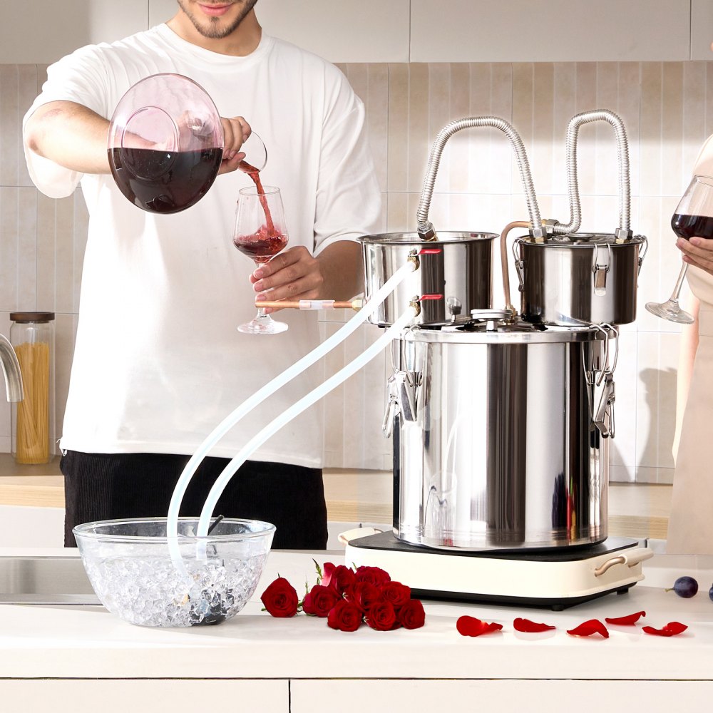 Destylator alkoholu VEVOR 19 l Destylator alkoholu wodnego ze stali nierdzewnej z miedzianą wężownicą do szybkiego chłodzenia, zestaw do destylacji z podwójnym skraplaczem i destylacją wtórną, do wina i whisky