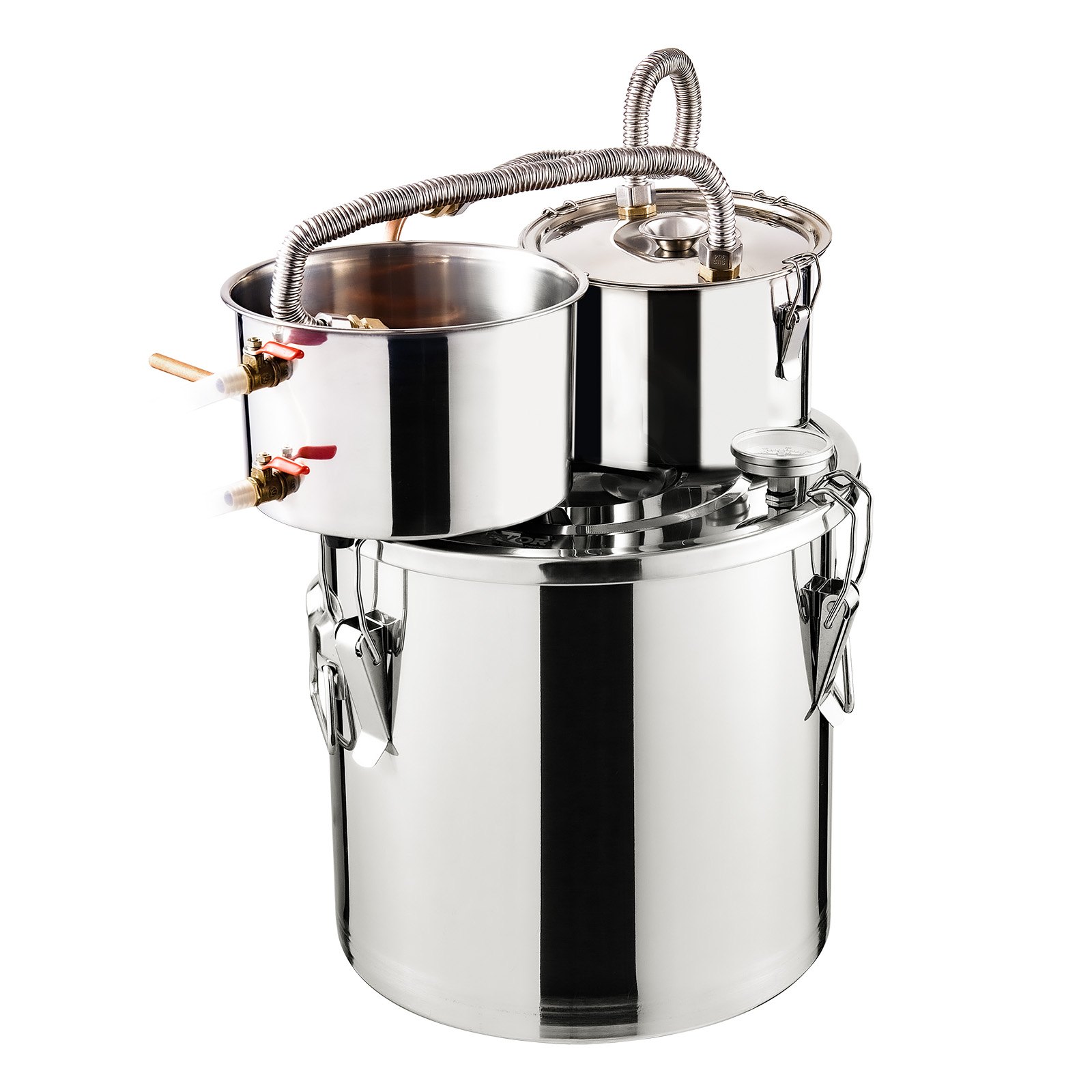 Destylator alkoholu VEVOR 19 l Destylator alkoholu wodnego ze stali nierdzewnej z miedzianą wężownicą do szybkiego chłodzenia, zestaw do destylacji z podwójnym skraplaczem i destylacją wtórną, do wina i whisky