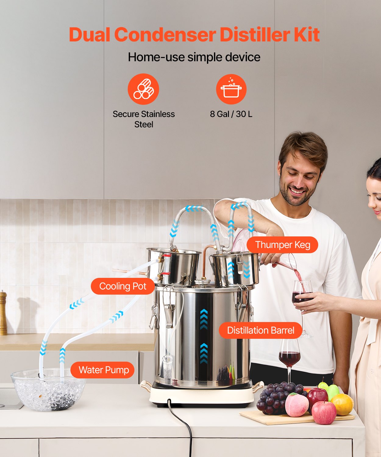 Destylator alkoholu VEVOR 30L Destylator alkoholu wodnego ze stali nierdzewnej z miedzianą wężownicą do szybkiego chłodzenia, zestaw do destylacji z podwójnym skraplaczem i destylacją wtórną, do wina, whisky, brandy, srebra