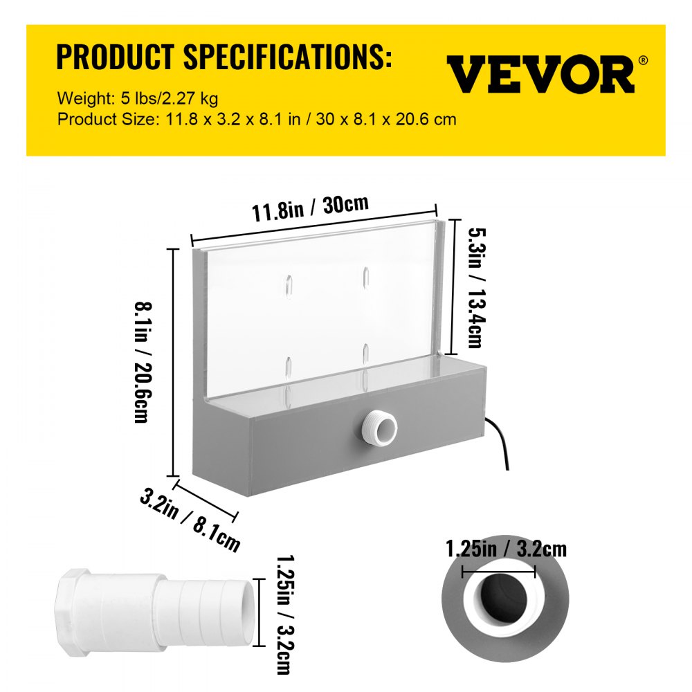 VEVOR Wodospad 30 x 8 x 21 cm, wodospad do oczka wodnego z akrylu, zestaw wodospadu i strumienia, kabel zasilający 5 m do murku ogrodowego, gabionowa fontanna do oczka wodnego, niebieski pasek, fontanna wodna do basenu